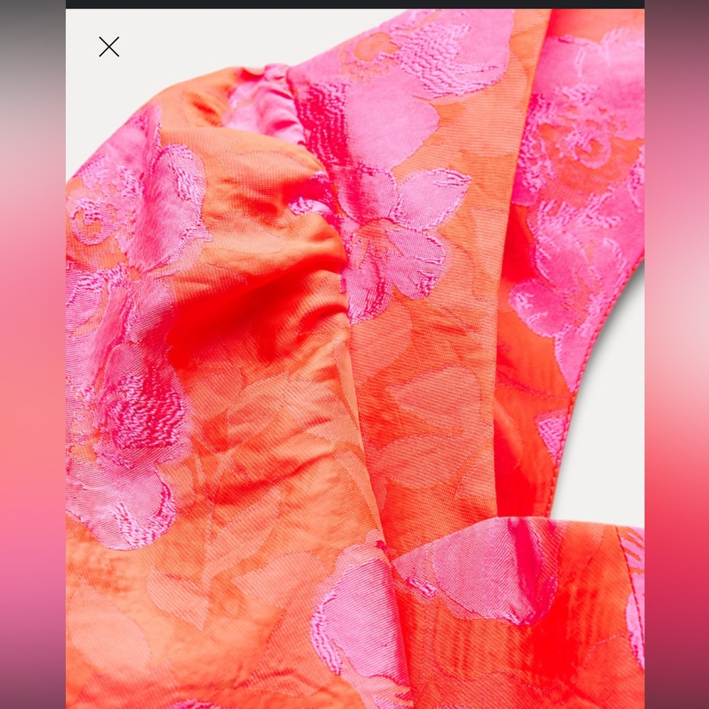 Zara Puff Sleeve Jacquard Fuchsia Floral Mini Dress Medium NWT - Picture 13 of 16